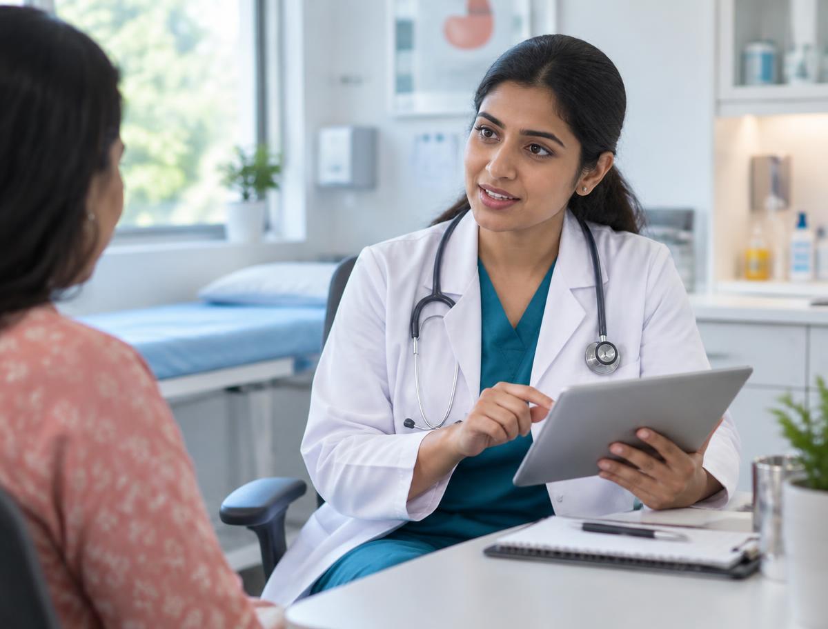 Doctor discussing care with a patient while using a tablet